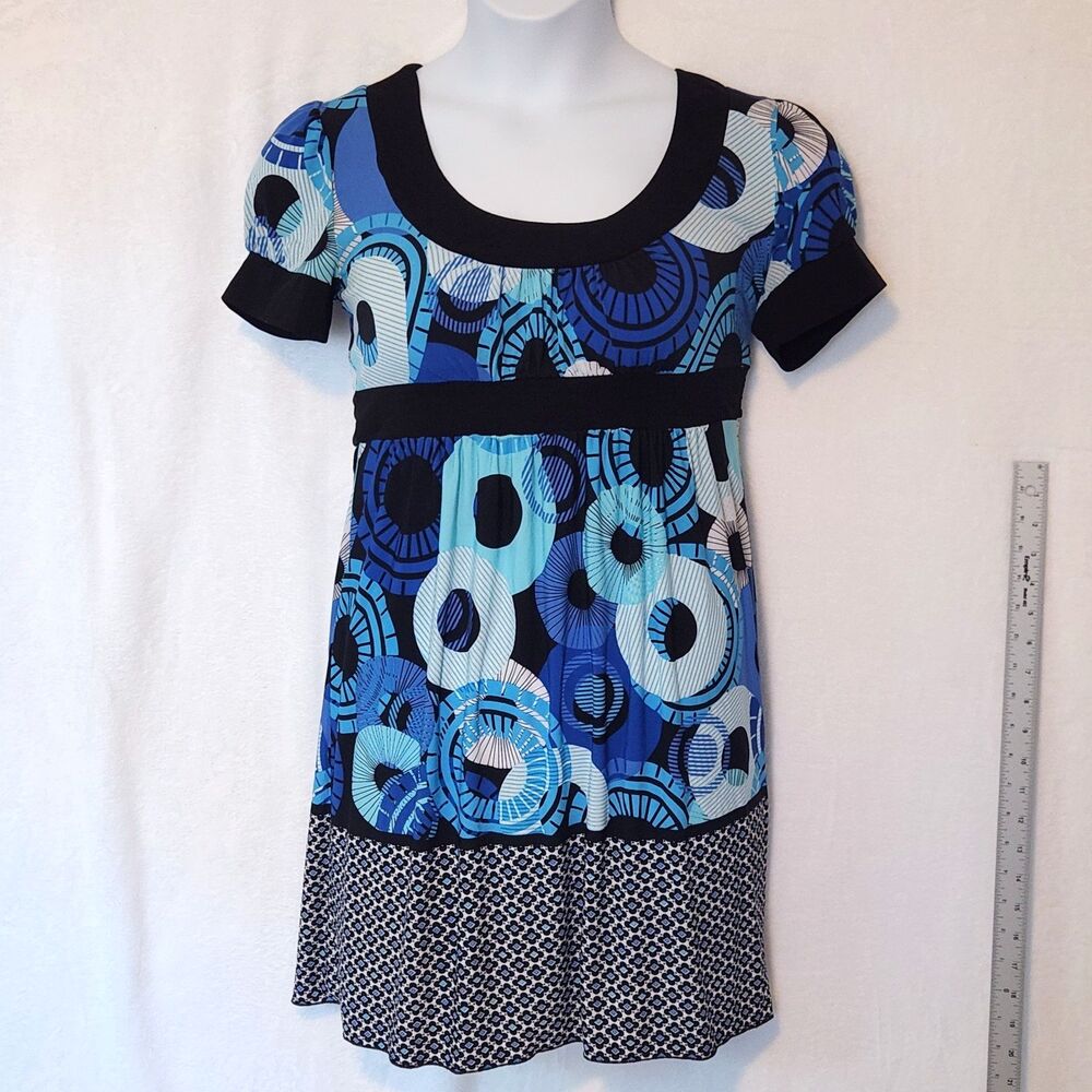 Vintage My Michelle Women's M Blue 90s Y2K Babydoll Dress Geometric Empire Waist